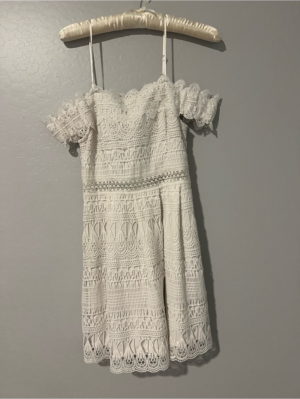 Francesca's Collections White Crochet Off-Shoulder Dress with Straps
